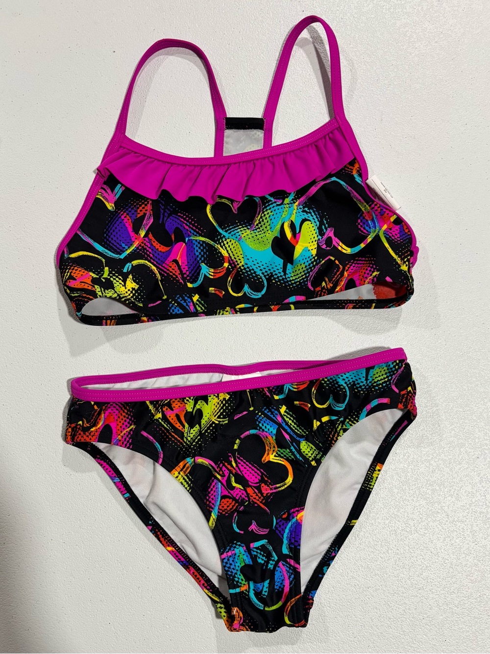 Speedo Girls' Neon Heart Two-Piece Bikini - Black & Hot Pink Trim